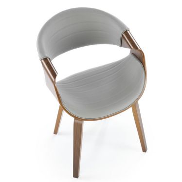 Vue plongeante de la chaise Acebo moderne en bois courbé et assise en éco-cuir gris