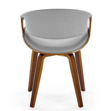 Chaise Acebo de profil, éco-cuir gris et contreplaqué cintré sur pieds bois