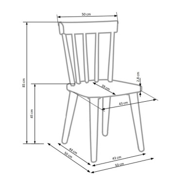 Schéma avec dimensions de la chaise en bois blanc Lori