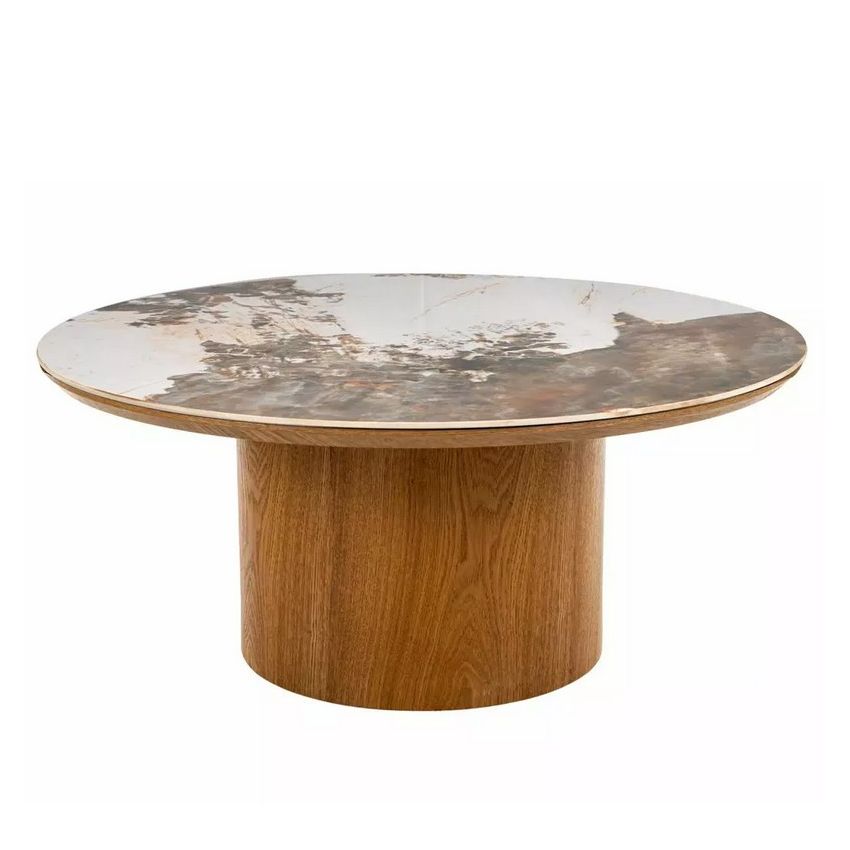 Table basse ronde Selma, plateau céramique effet pierre et base cylindrique en chêne
