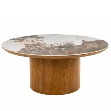 Table basse ronde Selma, plateau céramique effet pierre et base cylindrique en chêne