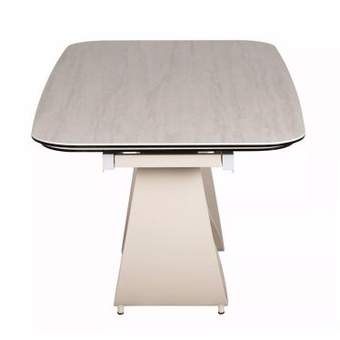 Table AMBRE vue de profil, plateau en céramique et pied central en métal cachemire