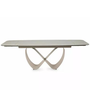 Table à manger extensible AMBRE, plateau céramique 236 cm effet travertin et pied central forme infini