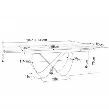 Schéma avec dimensions de la table céramique effet travertin 236cm Ambre