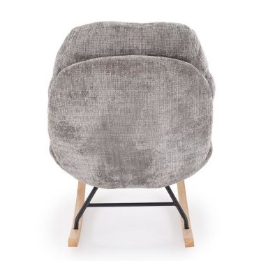 Vue arrière du rocking-chair confort en tissu gris texturé et pieds en bois massif Leonce
