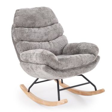 Rocking-chair confortable Leonce de face en tissu gris texturé avec structure en bois massif