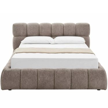 Lit coffre Lola 160x200 en tissu beige avec matelas et linge de lit blanc