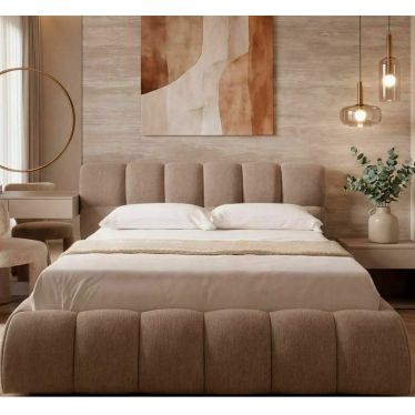 Lit coffre Parma 160x200 en tissu beige dans une chambre aux tons naturels