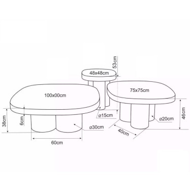 Schéma des dimensions des tables basses Victoire en 100, 75 et 48 cm