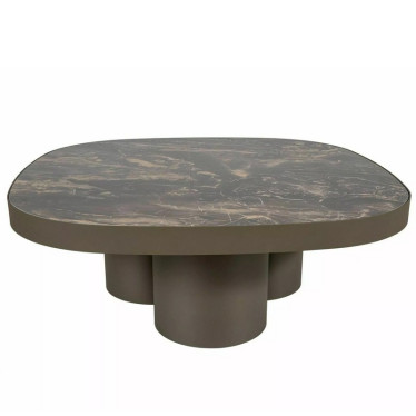 Table basse Victoire 100 cm vue de face, céramique effet marbre et pieds cylindriques