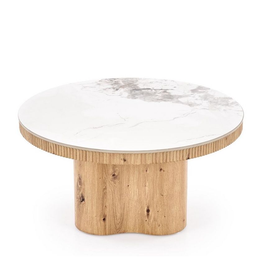 Plateau rond en pierre frittée effet marbre blanc de la table basse Magus vu de dessus