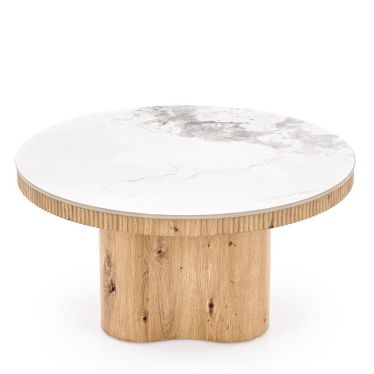 Plateau rond en pierre frittée effet marbre blanc de la table basse Magus vu de dessus