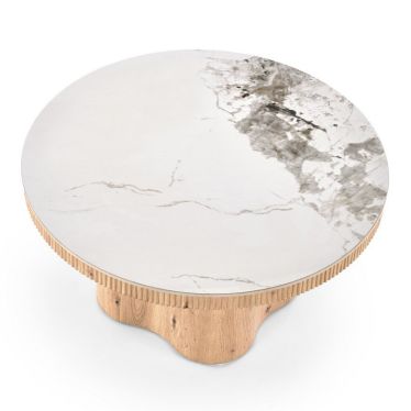 Table basse ronde Magus plateau effet marbre blanc et pied central sculpté finition chêne naturel