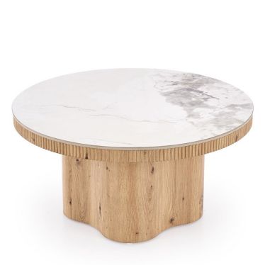 Table basse Magus vue de profil : plateau marbre blanc sur pied central en bois aux formes ondulées