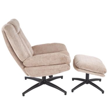 Fauteuil Narcis et son repose-pieds vus de profil, dossier haut et assise épaisse