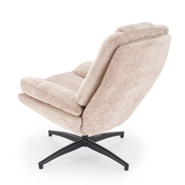 Fauteuil Narcis vu de trois quarts arrière, coque enveloppante en tissu beige et pied étoile noir