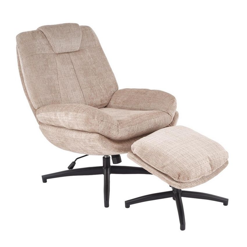 Ensemble fauteuil et repose-pieds Narcis en tissu beige, idéal pour un coin lecture