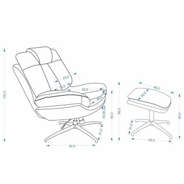Dimensions du fauteuil Narcis (75 x 90 x 100 cm) et de son repose-pieds (50 x 40 x 44 cm)
