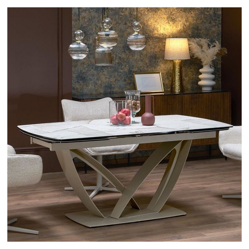 Table à manger extensible céramique effet marbre beige 160-240 cm Benie