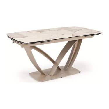 Table à manger extensible Benie, plateau céramique effet marbre beige et piétement en acier cachemire