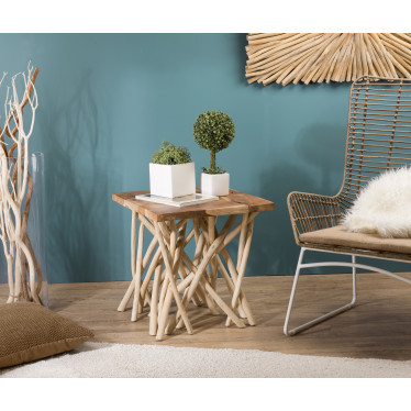Table d'appoint design teck et bois flotté 55cm Woody