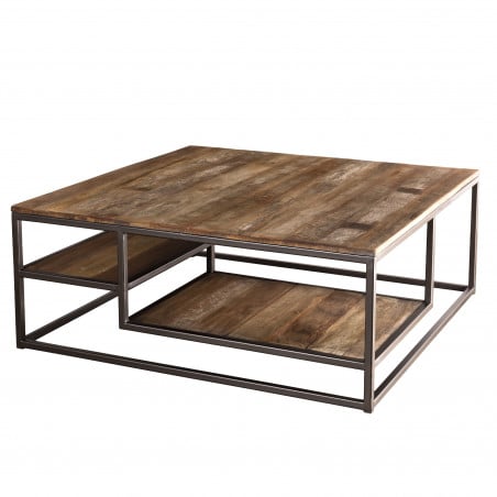 Table basse carrée design industriel teck, acacia et métal 100x100cm Tinesixe