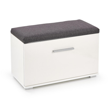 Meuble rangement chaussures blanc laqué et banquette tissu gris entrée Elsa