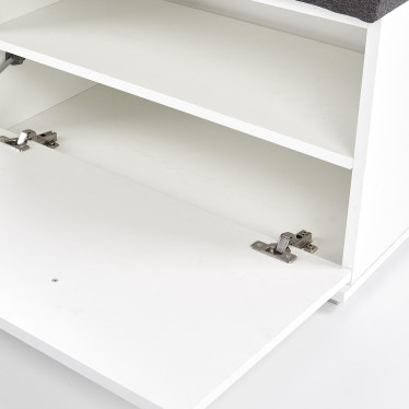 Détail charnières robustes porte abattante meuble à chaussures blanc Elsa