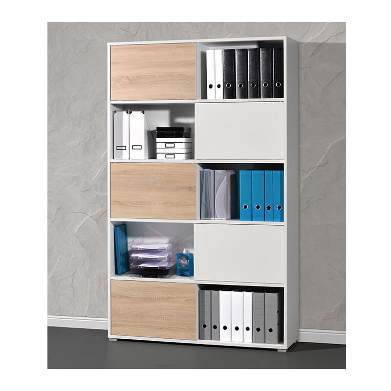 Armoire de bureau design en laminé blanc et bois avec 5 étagères