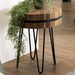 Table d'appoint ronde 45x45cm Teck recycl‚ cercl‚e m‚tal pieds ‚pingles m‚tal