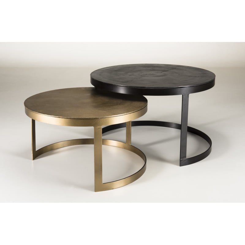 Set de deux tables gigognes ceinturées rondes en aluminium noir et doré avec pieds métal ELEGANCE