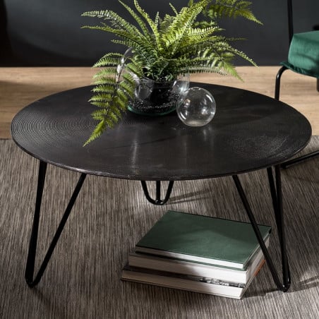 Table basse ronde 75 cm de diamètre en aluminium noir avec pieds épingles en métal ELEGANCE