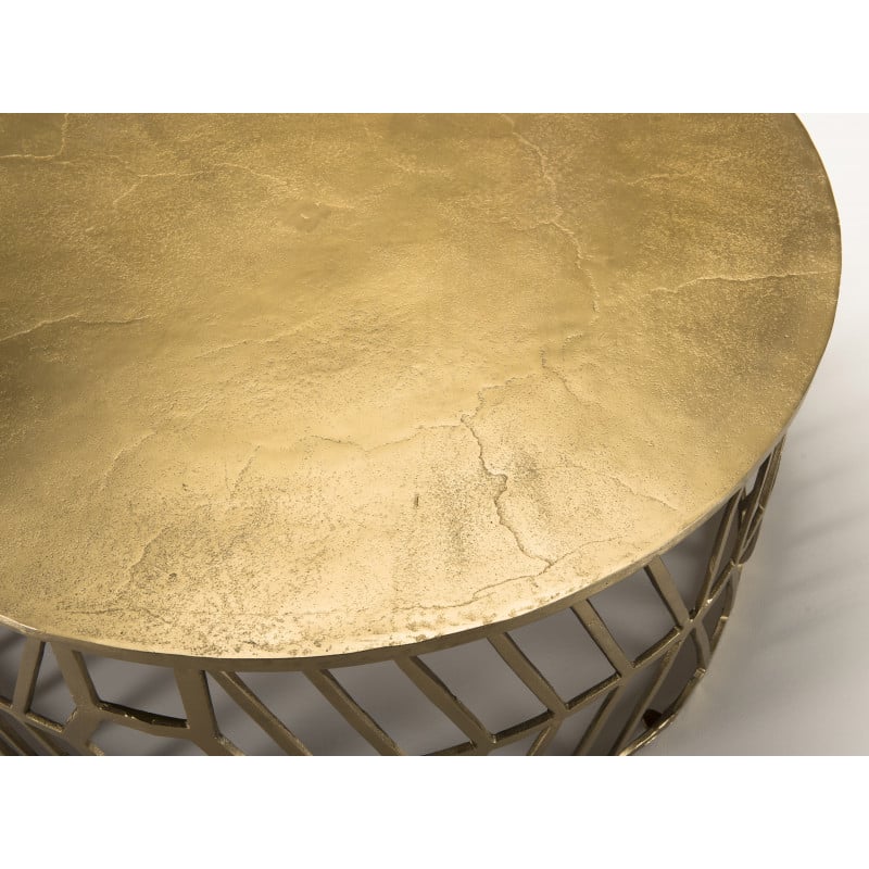 Table basse ronde en aluminium doré avec piètement graphique ELEGANCE
