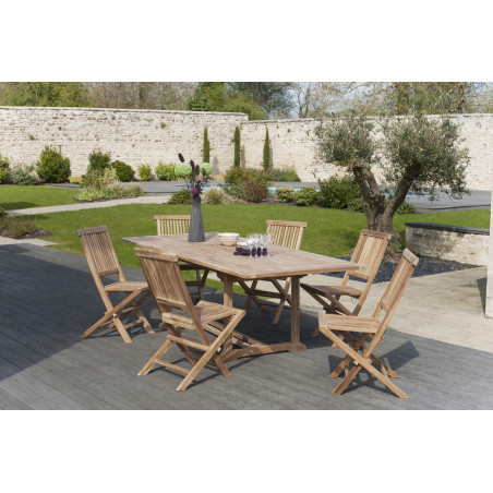 Salon de jardin avec Table 180/240x100cm à rallonge & 6 chaises pliantes en teck massif Summer