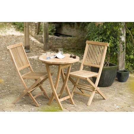 Salon de jardin en teck avec table ronde pliante 60 cm & 2 chaises Summer