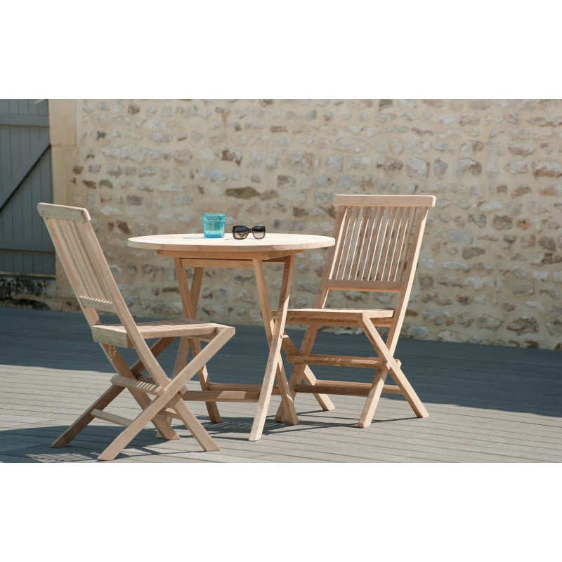 Salon de jardin table ronde & pliante avec 2 chaises en teck brut Summer