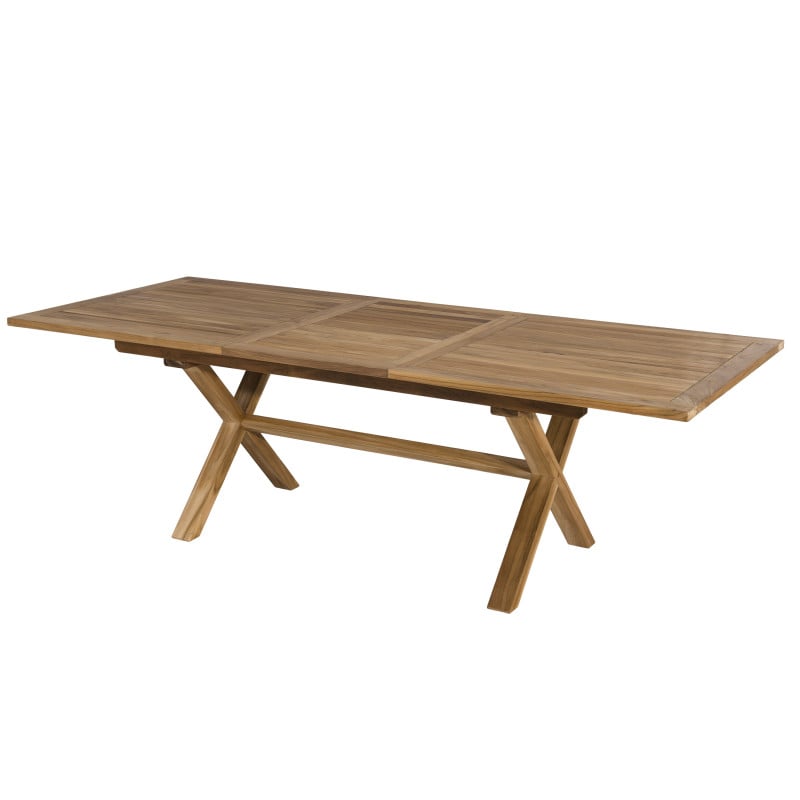 Table de jardin rectangulaire pieds croisés extensible 180/240x100x75cm en teck Summer