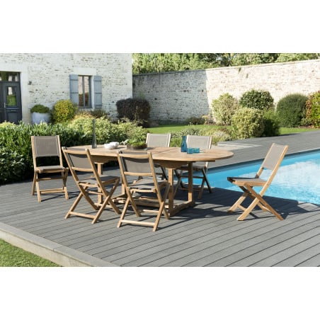 Salon de jardin avec table ovale extensible & 6 chaises pliantes en textilène taupe et teck massif Summer