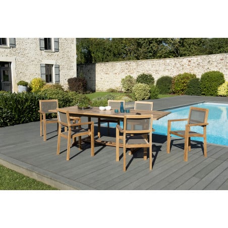 Salon de jardin avec table extensible en teck & 6 fauteuils empilables textilène couleur taupe Summer
