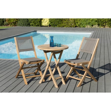 Salon de jardin avec table ronde 60x60 cm & 2 chaises pliantes couleur taupe en teck et textilène Summer