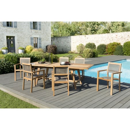 Salon de jardin avec table rectangulaire extensible scandinave & 6 fauteuils empilables teck et textilène taupe Summer