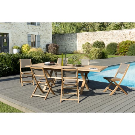 Salon de jardin en teck 6 Places : Table extensible pieds croisés & Chaises pliantes Summer