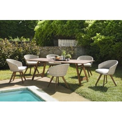 Salon de jardin avec Table pliante en acacia & 6 Fauteuils en rotin synthétique couleur naturelle Marrakech
