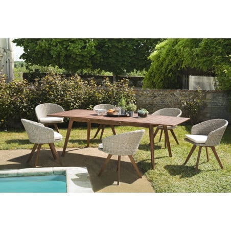 Salon de Jardin avec Table extensible en acacia & 6 Fauteuils en rotin synthétique couleur naturelle Marrakech