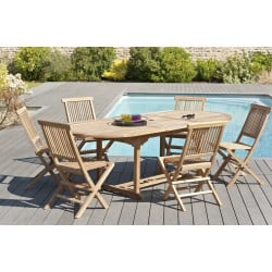 Salon de jardin avec Table ovale à rallonge & 6 chaises pliantes en teck massif Summer