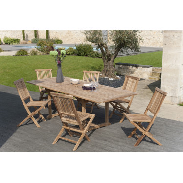 Salon de jardin avec Table 180/240x100cm à rallonge & 6 chaises pliantes en teck massif Summer