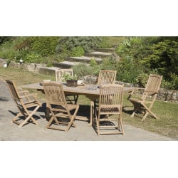 Salon de jardin avec Table rectangulaire extensible & 6 chaises pliantes en teck massif Summer