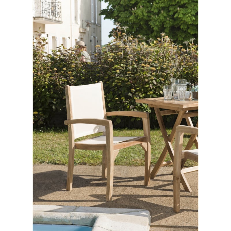 Lot de 2 fauteuils de jardin en teck et textilène couleur ivoire Summer