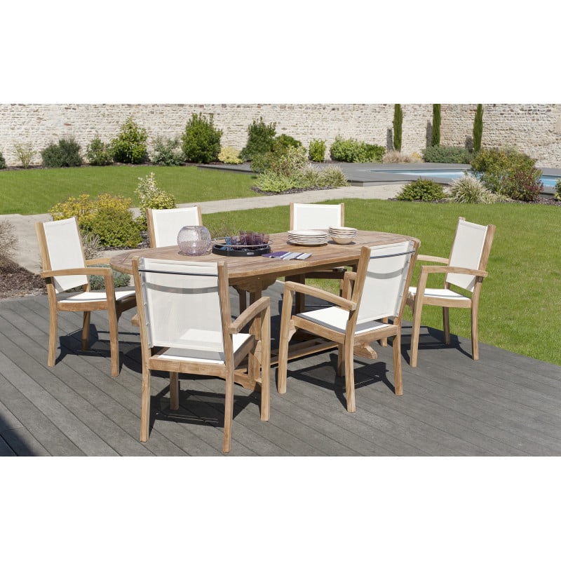 Salon de jardin en teck avec table ovale extensible 180/240 x 100 x 75 cm & 6 fauteuils couleur ivoire Summer