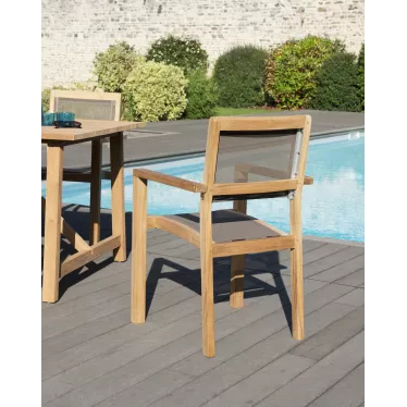 Lot de 2 fauteuils de jardin empilables en teck & textilène couleur taupe Summer